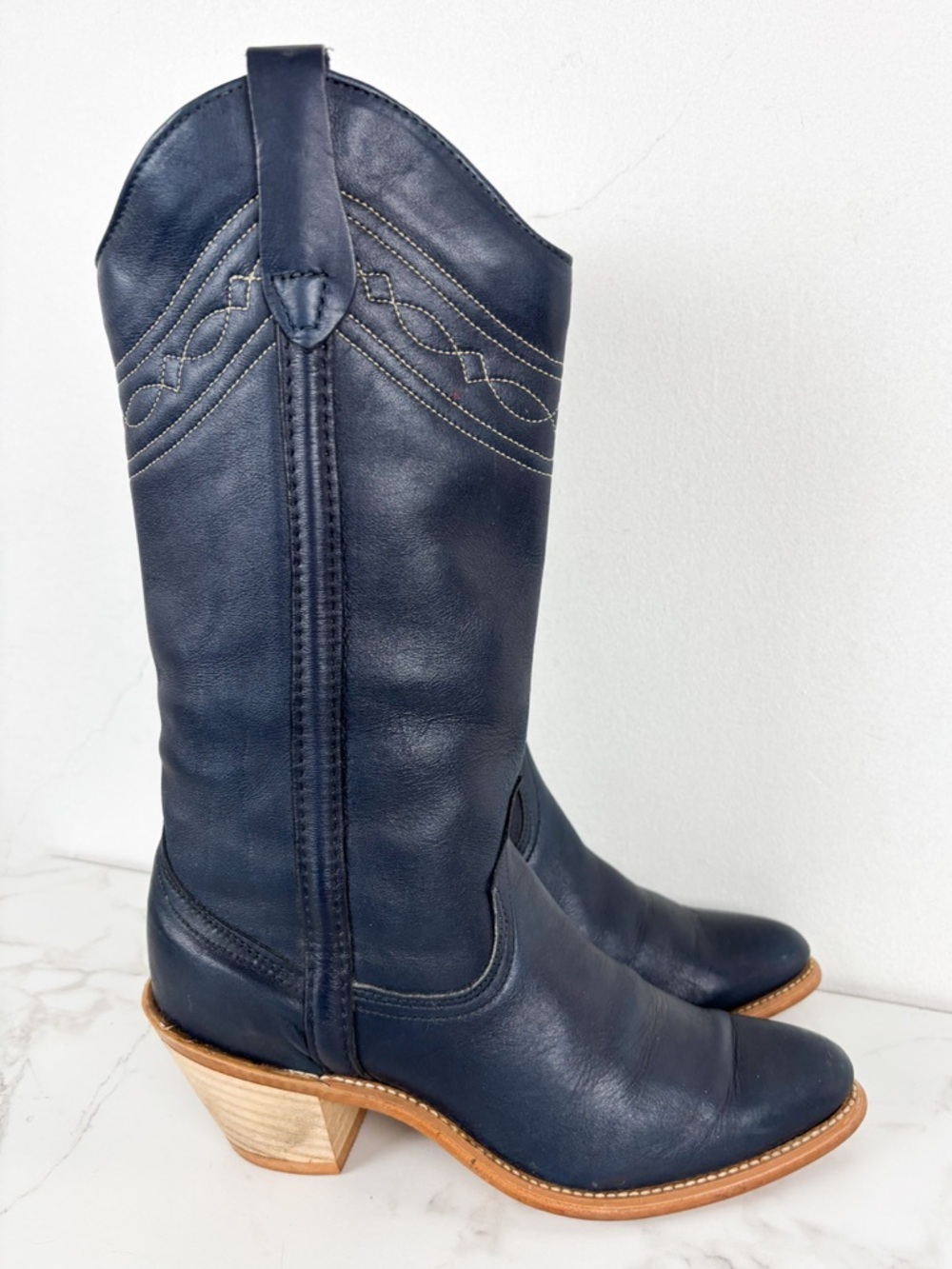 Vintage 70s 80s Wrangler Inky Blue Leather Stacked Heel Western Boots Sz 6 1/2